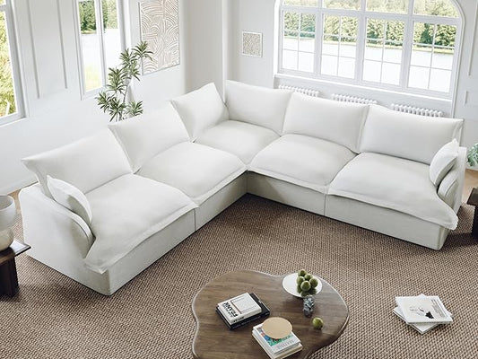111” Oversized Modular Sectional Sofa, Comfy Down Fill Cloud Couch, 5 Seater V Shaped Modular Couch with Washable Cover, Deep Seat Sectional Couches for Living Room, Cream White