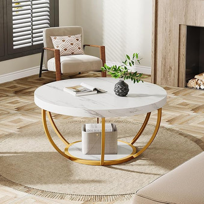 Tribesigns Modern Round Coffee Table, 2 Tier Coffee Table with Faux White Marble and Golden Metal Legs, Circle Center Table Tea Table Accent Furniture for Living Room, White and Gold