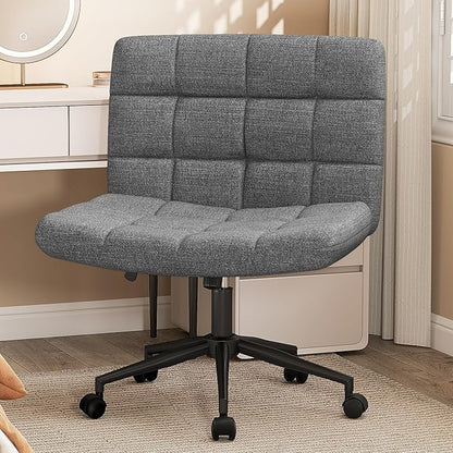 Furnimart Criss Cross Desk Char Wide Seat with Wheels, 360° Swivel Cross Legged Desk Chair Thick Cushion, Comfy Armless Home Office Chair for Bedroom, Vanity, Sturdy (Linen Gray)