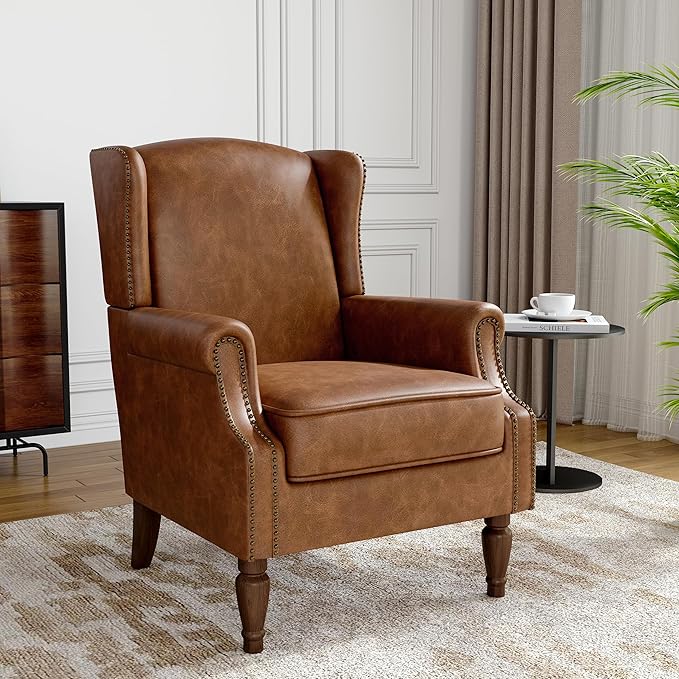 Faux Leather Wingback Accent Chair, High Back Upholstered Armchair, Comfy Fabric Wingback Arms Chairs with Solid Wood Legs, Single Sofa Reading Chair for Bedroom Living Room, Brown