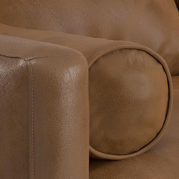 SIMPLIHOME Morrison 89-inch Wide Sofa in Caramel Brown Top Grain Genuine Leather, Mid-Century Modern Design Couch for Living Room, Single Bench Cushion, 2 Back Cushions, 2 Bolster Pillows