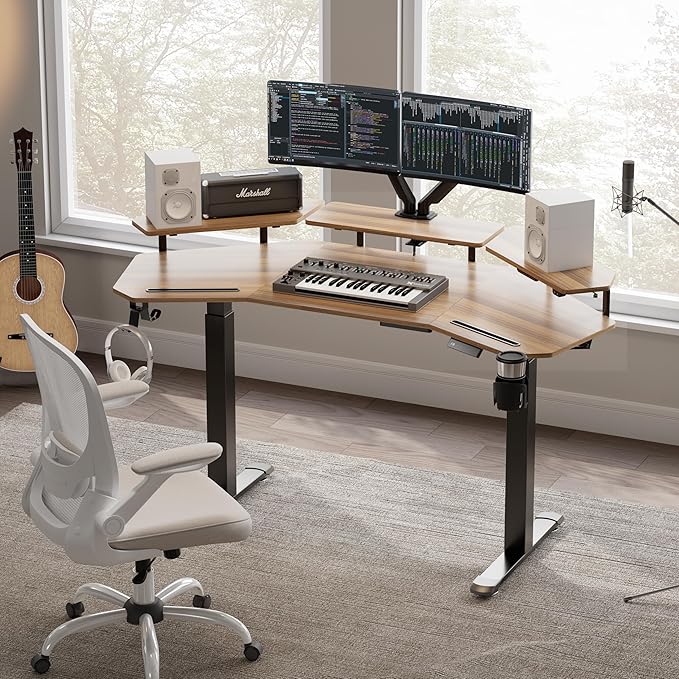 EUREKA ERGONOMIC Standing Gaming Desk with Dual Motor,63" Wing Shaped Computer Desk w Mouse Pad, Electric Adjustable Height Table w LED Monitor Stands,Slot Design,Walnut