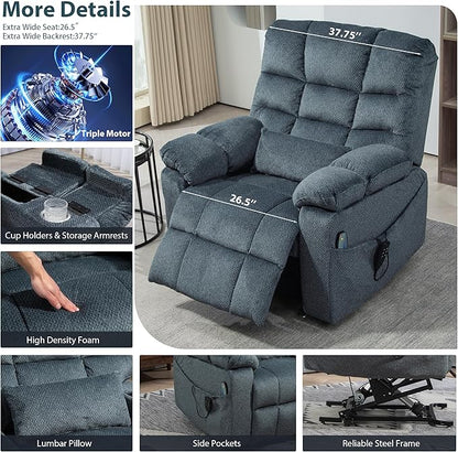 Oversized Zero Gravity Power Lift Recliner Chair for Elderly Adults Big Man Electric Lay Flat Recliner Triple Motor with Heat and Massage, Adjustable Seat Height, Arm Storage, Cup Holder