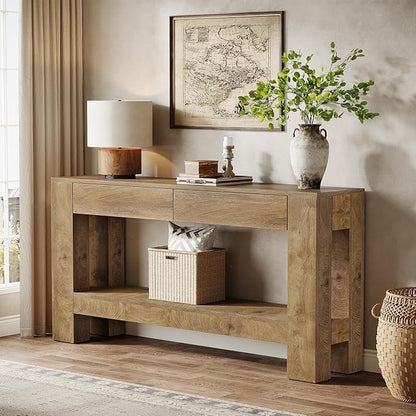 Tribesigns 63" Console Table with 2 Drawers, Farmhouse Entryway Table with Storage Shelf and Sturdy Legs, Wooden Sofa Table for Living Room, Hallway, Entrance (Brown)