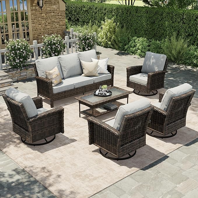 HERA'S HOUSE Gray Patio Furniture Set with Swivel Chairs, Outdoor Wicker Furniture with 35" High Back, 5.5" Thick Cushions, Deep Seating Patio Conversation Sets for Lawn Deck Backyard