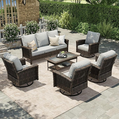 HERA'S HOUSE Gray Patio Furniture Set with Swivel Chairs, Outdoor Wicker Furniture with 35" High Back, 5.5" Thick Cushions, Deep Seating Patio Conversation Sets for Lawn Deck Backyard