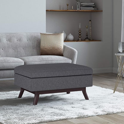 SIMPLIHOME Owen 34 inch Wide Mid Century Modern Rectangle Coffee Table Storage Ottoman in Slate Grey Linen Look Fabric, Assembled, For the Living Room, Entryway and Family Room
