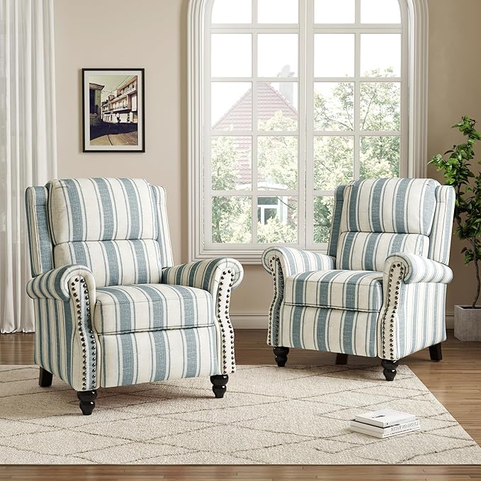 Pushback Recliner Chair, Comfy Fabric Wingback Recliner Chair, Upholstered Armchair Push Back Recliner with Wood Legs, Rivet Trim Single Sofa Accent Chair for Living Room, Bedroom, Blue Stripe