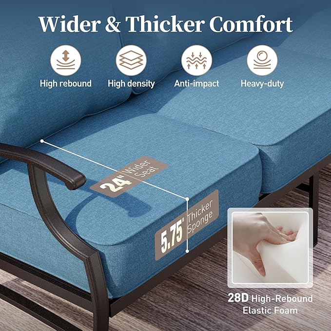 5 Piece Metal Outdoor Patio Furniture Set, Patio Conversation Sets 3-seater Sofa, 2 Rocking Chair, 2 Ottomans with 5.75" Thick Cushion, Black All-weather Frame Backyard Furniture, Navy