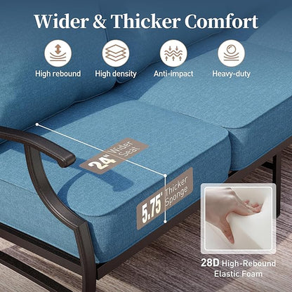 5 Piece Metal Outdoor Patio Furniture Set, Patio Conversation Sets 3-seater Sofa, 2 Rocking Chair, 2 Ottomans with 5.75" Thick Cushion, Black All-weather Frame Backyard Furniture, Navy