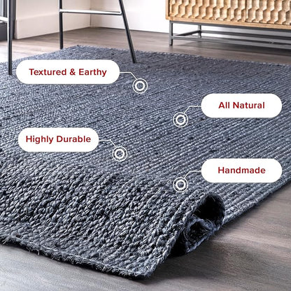 nuLOOM 8 Round Rigo Jute Hand Woven Area Rug, Navy, Solid Farmhouse Design, Natural Fiber, For Bedroom, Living Room, Dining Room, Hallway, Office, Kitchen, Entryway