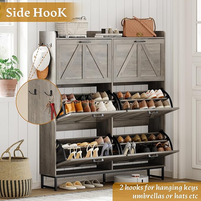 Shoe Cabinet Storage for Entryway, Shoe Storage Cabinet with 6 Flip Drawers, Freestanding Narrow Shoe Rack Organizer with Metal Legs, Adjustable Shelves & Open Storage for Foyer, Hallway, Grey