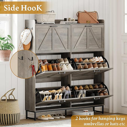 Shoe Cabinet Storage for Entryway, Shoe Storage Cabinet with 6 Flip Drawers, Freestanding Narrow Shoe Rack Organizer with Metal Legs, Adjustable Shelves & Open Storage for Foyer, Hallway, Grey