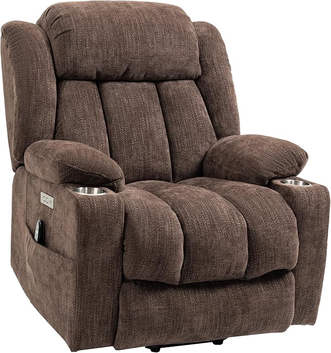 Power Lift Chair for Elderly, Electric Recliner Chair with 8-Point Vibration Massage and Lumbar Heating, Charging Ports, Cup Holders, Standing Assistance Reclining - Brown