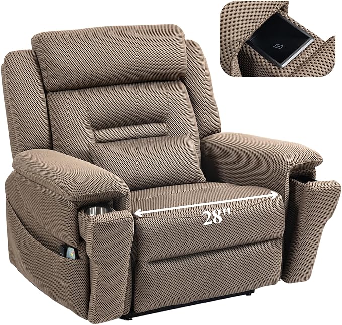 Big Man 400 lbs Recliners 28 Inch Wide Seat, Oversized Power Lift Recliner for Elderly Adults with Heat Massage, Lay Flat Recliner Chair Cup Holder & Wireless Phone Charger, USB Type C Charging