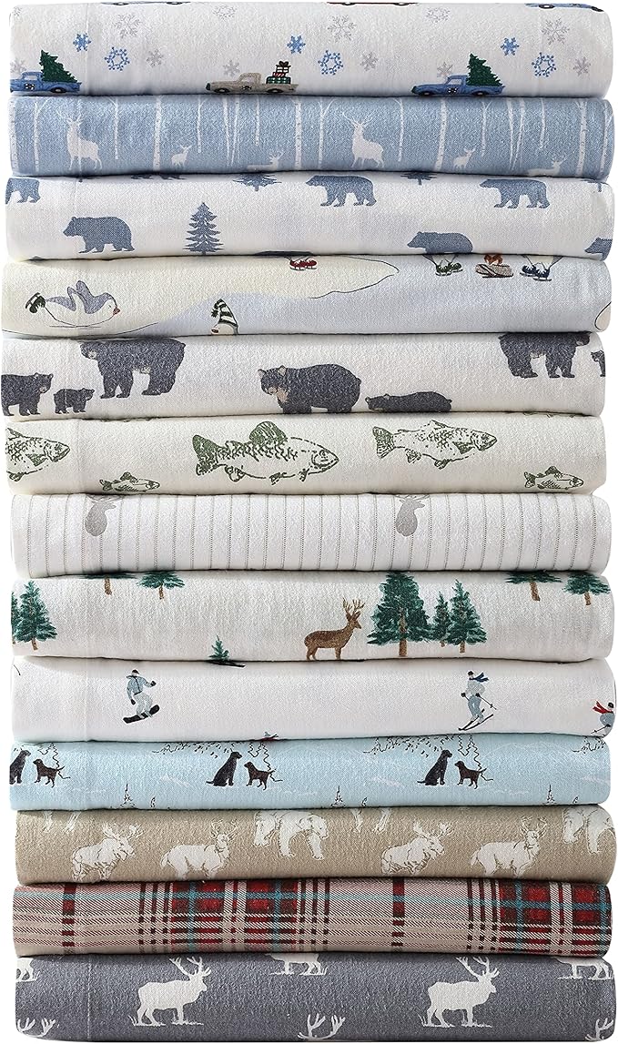 Eddie Bauer - Flannel Sheets King Size, Anti-Pilling & Wrinkle Resistant Cotton, Touchably Soft for All-Season Comfort - Bed Sheets with Matching Pillowcases & Fitted Sheet (Ski Slope)