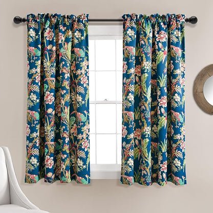 Lush Decor Dolores Light Filtering Window Panels, Pair, 52" W x 63" L, Navy & Multi - Toile Curtains - Floral Bird Print - Grandmillennial & French Country Curtains - Cottage & Maximalist Home Decor