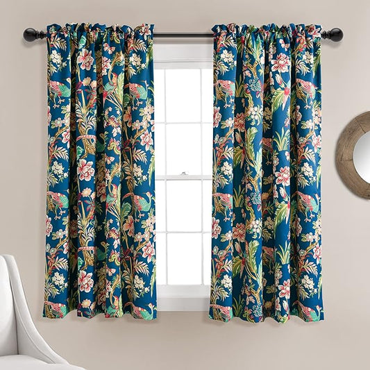 Lush Decor Dolores Light Filtering Window Panels, Pair, 52" W x 63" L, Navy & Multi - Toile Curtains - Floral Bird Print - Grandmillennial & French Country Curtains - Cottage & Maximalist Home Decor