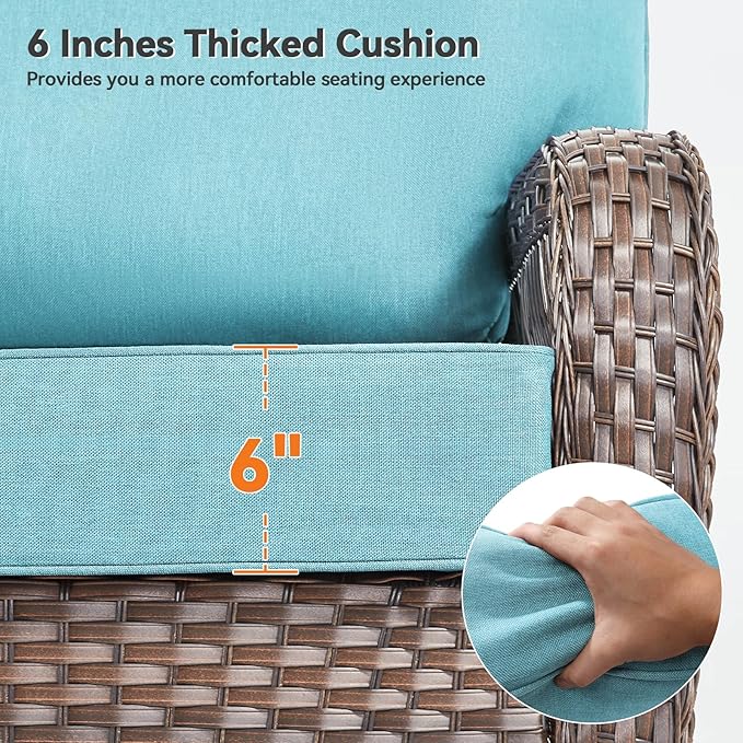 Luxury 6" Outdoor Cushions for Patio Furniture, 24x24x6" Thick Seat Cushion Set of 7, Fade Resistant Couch Chair Replacement Cushions High Density Deep Wicker Chair Cushion w/ Removable Cover, Teal