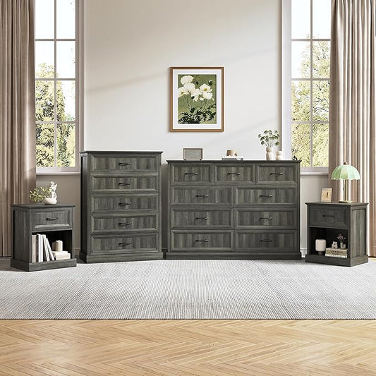 Farmhouse Dresser and Nightstand Sets, 4Pcs Bedroom Furniture Set, Nightstand Set of 2 & 55" Wide 9 Drawer and 44" Tall 5 Drawer Dresser with Large Drawers & Bar Handles, Grey