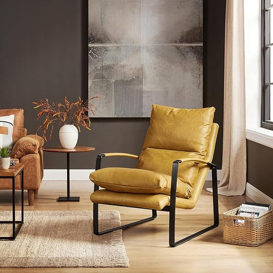 Art Leon Leather Accent Chair- Mid Century Modern Living Room Chair Leather Armchair Leather Lounge Chair with Black Metal Frame (Light Brown)