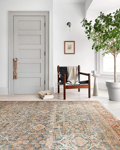 Loloi Layla Collection LAY-04 Ocean/Rust 2'-3" x 3'-9" .13" Thick Accent Rug, Soft, Durable, Vintage Inspired, Distressed, Low Pile, Non-Shedding, Easy Clean, Printed, Living Room Rug