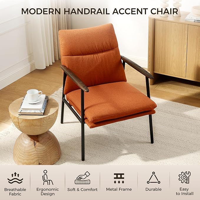 Art Leon Modern Accent Chair - Upholstered Fabric Lounge Chair with Wood Armrests Ergonomic Reading Chair with Metal Frame Living Room Chair for Bedroom, Office Caramel
