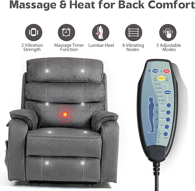 Power Lift Recliners Chairs for Elderly Adults Lay Flat Recliner with Heat & Massage, Wireless Charging Device, USB Ports, Cup Holder, Lumbar Pillow, 400Lbs（Grainy Fibric,Grey）