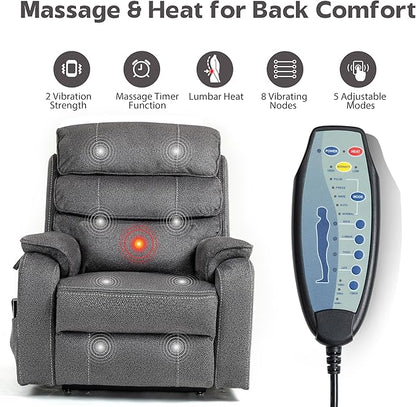 Power Lift Recliners Chairs for Elderly Adults Lay Flat Recliner with Heat & Massage, Wireless Charging Device, USB Ports, Cup Holder, Lumbar Pillow, 400Lbs（Grainy Fibric,Grey）