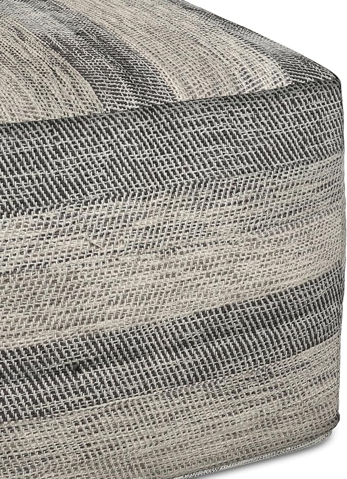 SIMPLIHOME Clay Boho Square Pouf in Grey Melange Cotton for the Living Room, Bedroom and Kids Room