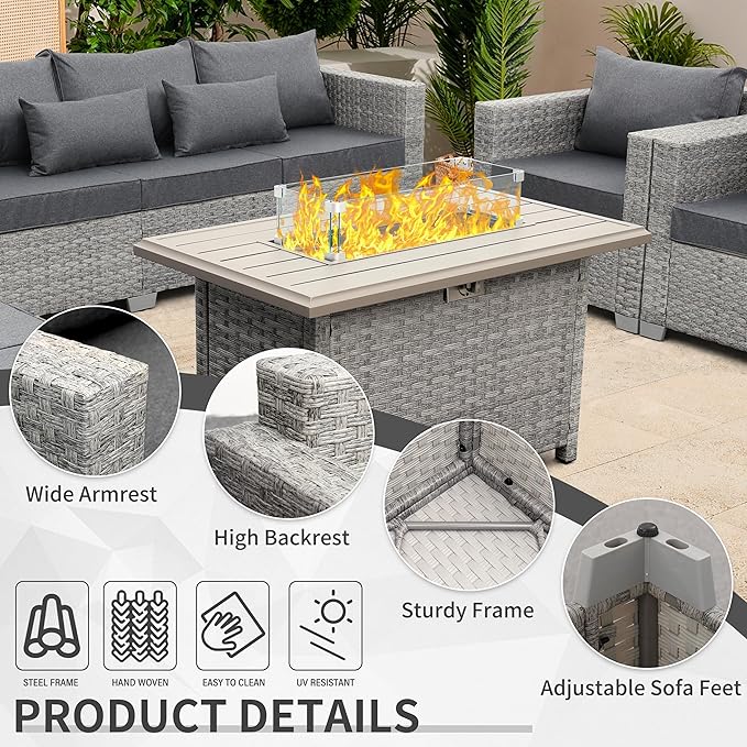 WAROOM Patio Furniture Set 6 Piece Grey Wicker Outdoor Furniture Patio Sectional Sofa Couch PE Rattan Conversation Sets with Fire Pit Table, Grey Cushion