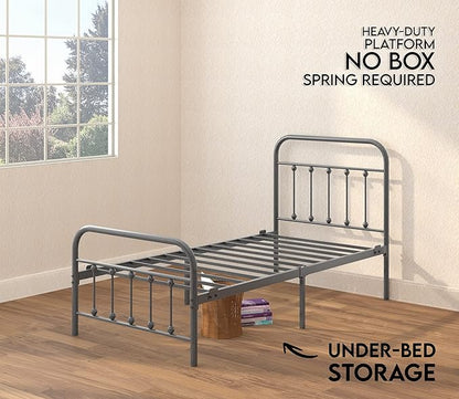 Golden Gate Beds Vintage Wrought Iron Bed Frame with Classic Metal Platform Base, Headboard and Footboard, No Box Spring Needed, Easy Assembly, Mattress Foundation, Sleek Silver Finish - Twin Size