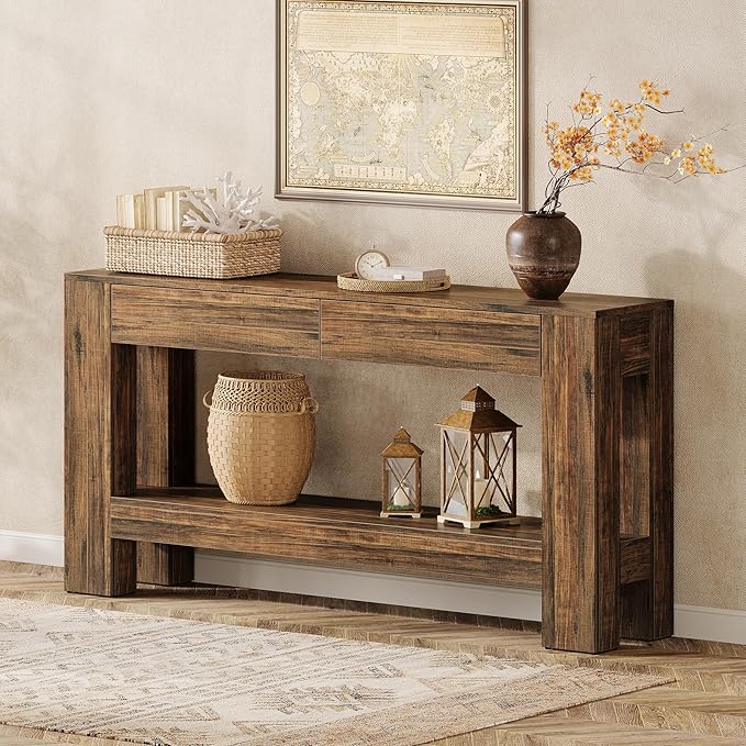 Tribesigns 63" Console Table with 2 Drawers, Farmhouse Entryway Table with Storage Shelf and Sturdy Legs, Wooden Sofa Table for Living Room, Hallway, Entrance (Dark Brown)