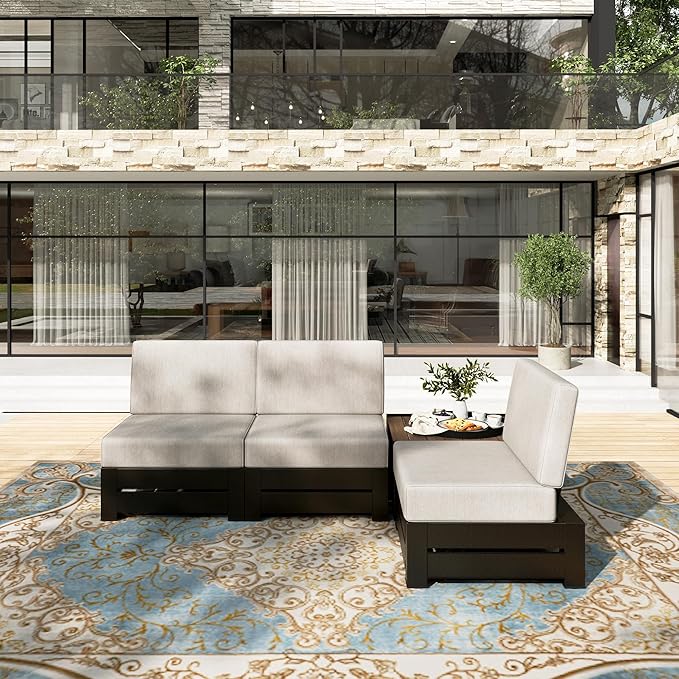HERA'S HOUSE Patio Furniture Set, 4 Pieces All-Weather Outdoor Sectional Sofa with 28" Coffee Table & 5.9" Thick Waterproof Cushions, Modular Conversation Set for Garden Deck Backyard (Easy Assembly)