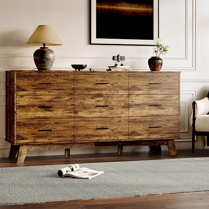 Dresser for Bedroom with 9-Drawer, 59" Wide Modern Chest of Drawers with Metal Handles, X-Shape Base & Adjustable Center Leg, Anti-Tip Closet Organizers and Storage