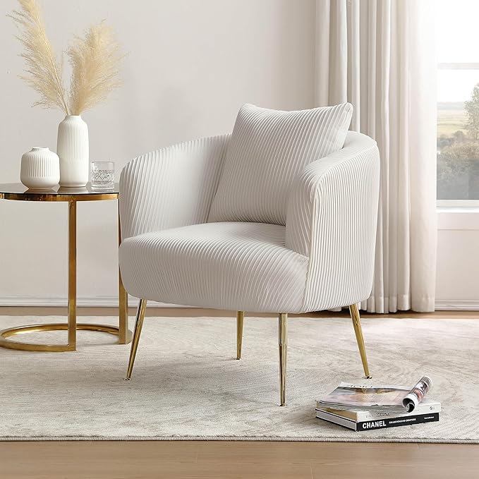 Art Leon Accent Chair Set of 2, Modern Velvet Upholstered Armchairs, Living Room Side Chairs Barrel Chairs with Golden Metal Legs, Off White