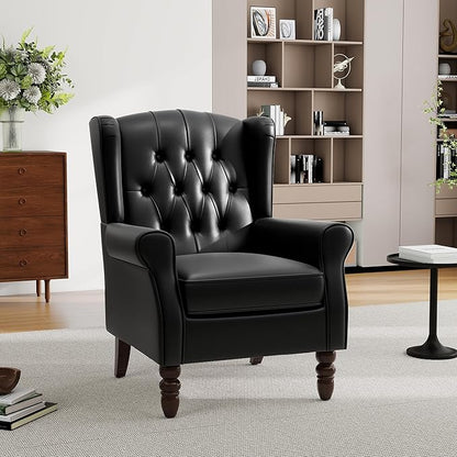 Mid-Century Modern 2-Piece Wingback Chair Set - Luxe Faux Leather Accent Chairs with Wooden Legs, Easy-Clean Lounge Seating for Living Room, Home Theater & Dining Room - PU Leather Matched Pair Black