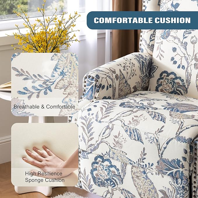 Swivel Glider Recliner Chairs Set of 2, High Back Rocker Reclining Accent Chair with Smooth Manual Mechanism for Nursery, Comfortable & Quiet Upholstered Armchair Seating-Bule Plant