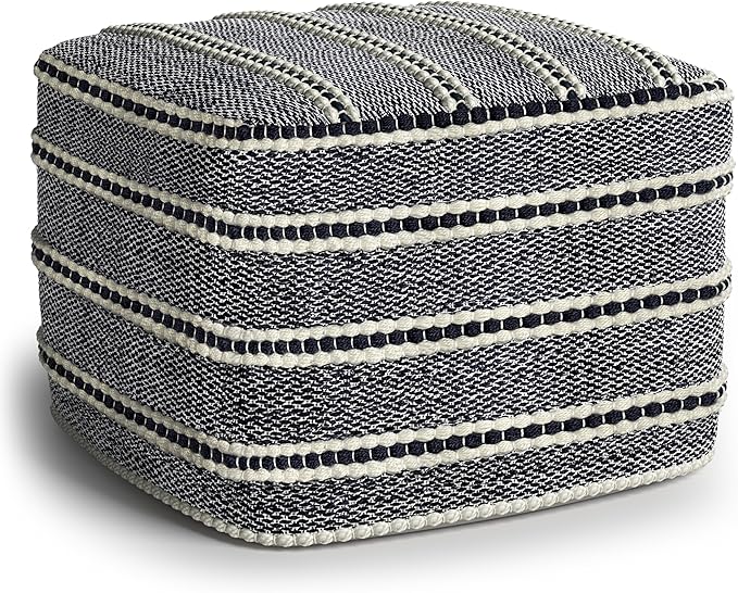 SIMPLIHOME Corrie Boho Square Woven Outdoor/ Indoor Pouf in Navy and White Recycled PET Polyester for the Living Room, Bedroom and Kids Room