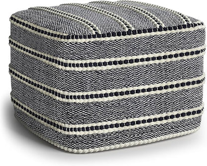 SIMPLIHOME Corrie Boho Square Woven Outdoor/ Indoor Pouf in Navy and White Recycled PET Polyester for the Living Room, Bedroom and Kids Room