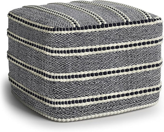 SIMPLIHOME Corrie Boho Square Woven Outdoor/ Indoor Pouf in Navy and White Recycled PET Polyester for the Living Room, Bedroom and Kids Room