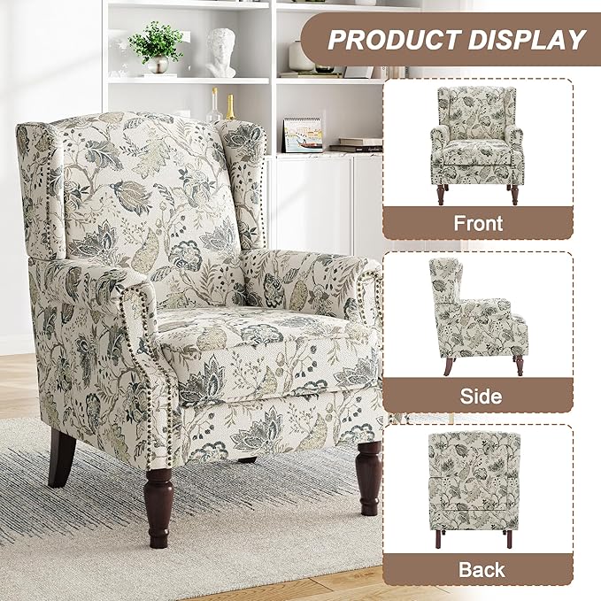 Pia Ricco High Back Floral Accent Chair - Retro Wingback Upholstered Armchair with Nailhead Trim, Solid Wood Legs, Fabric Living Room Bedroom Reading Chair (Plants Beige)