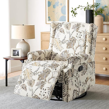 Swivel Glider Recliner Chairs Set of 2, High Back Rocker Reclining Accent Chair with Smooth Manual Mechanism for Nursery, Comfortable & Quiet Upholstered Armchair Seating-Cream Plant