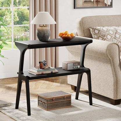 Tribesigns Set of 2 Wood End Table, Modern Narrow Sofa Side Table with Storage, 2-Tier Slim Wooden Bedside Table with Unique Legs for Bedroom, Living Room, Small Spaces, Easy Assembly, Black