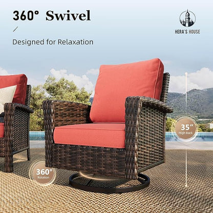 HERA'S HOUSE Red Patio Furniture Set, 8-Piece Outdoor Seating Conversation Sets with High Back Wicker Sofa, 4 x Swivel Chairs with 5.5" Thick Cushions, Fire Pit Table & Ottomans for Deck Yard Garden
