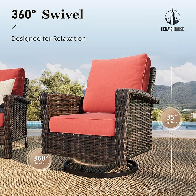 HERA'S HOUSE Red Patio Furniture Set, 6-Piece Outdoor Seating Conversation Sets with High Back Wicker Sofa, Swivel Chairs with 5.5" Thick Cushions, Fire Pit Table & Ottomans for Deck Yard Garden