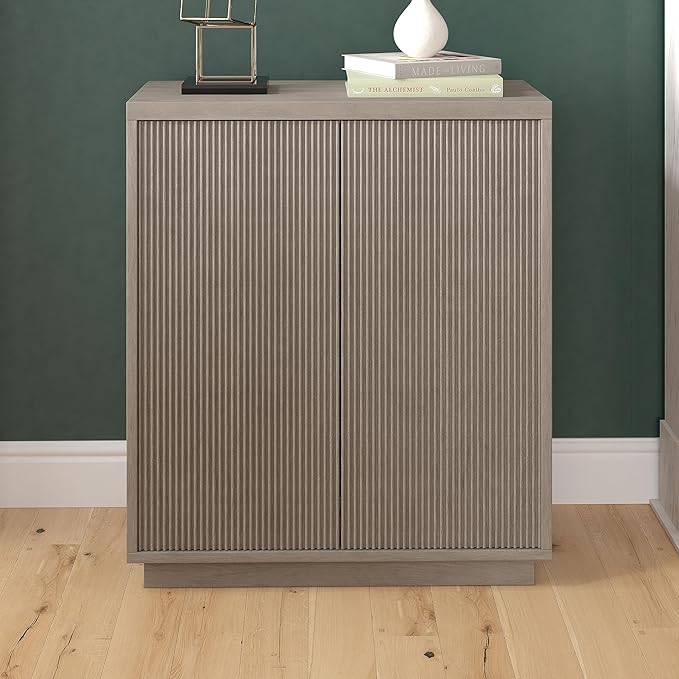 Henn&Hart 28" Fluted Wooden Accent Cabinet, Modern Ribbed Sideboard Buffet Cabinet with 2 Doors and an Adjustable Shelf for Living Room, Dining Room, Bedroom or Entryway, Antiqued Gray Oak