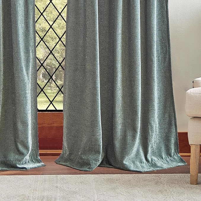 Martha Stewart Naples Chenille Solid Back Tab Window Curtain Panel Pair, 95, Olive Green
