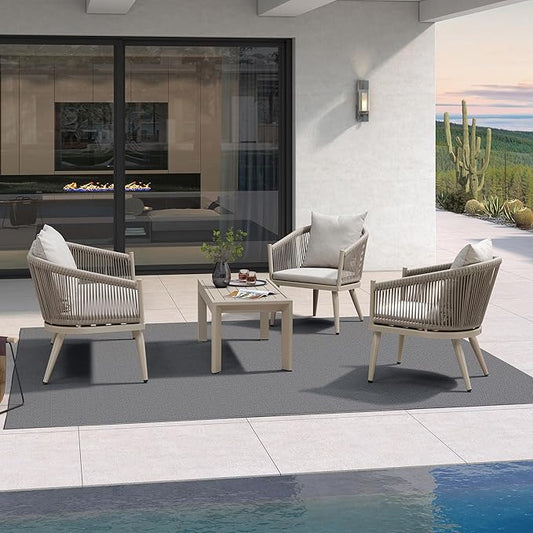 PURPLE LEAF 4 Pieces Patio Conversation Set Outdoor Wicker Furniture with Aluminum Table and Rattan Chairs Sofa Cushions Included for Porch Backyard Garden Balcony Champagne