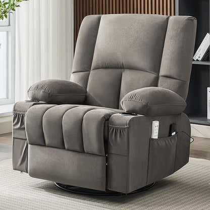 Oversized Recliner Chairs for Adults, 270° Swivel Rocking Recliner with Heat and Massage Lazy Boy Recliner,Recliner Chairs Single Sofa Seat with Cup Holders(Grey, Electric)